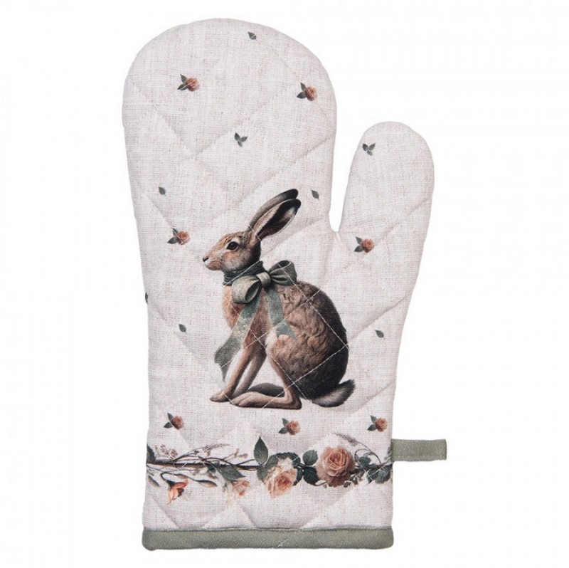 Guanto forno in cotone decorato con lepre con fiocco verde in ghirlanda, perfetto come regalo di Pasqua